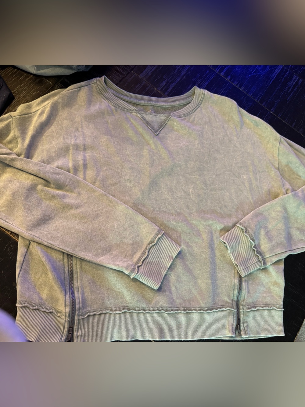 Washed Sage Green Women's Crewneck Sweatshirt zipper detail size large